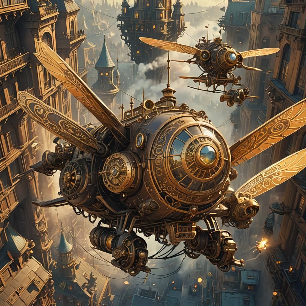 Steampunk Flying Machine Soaring Over Cityscape