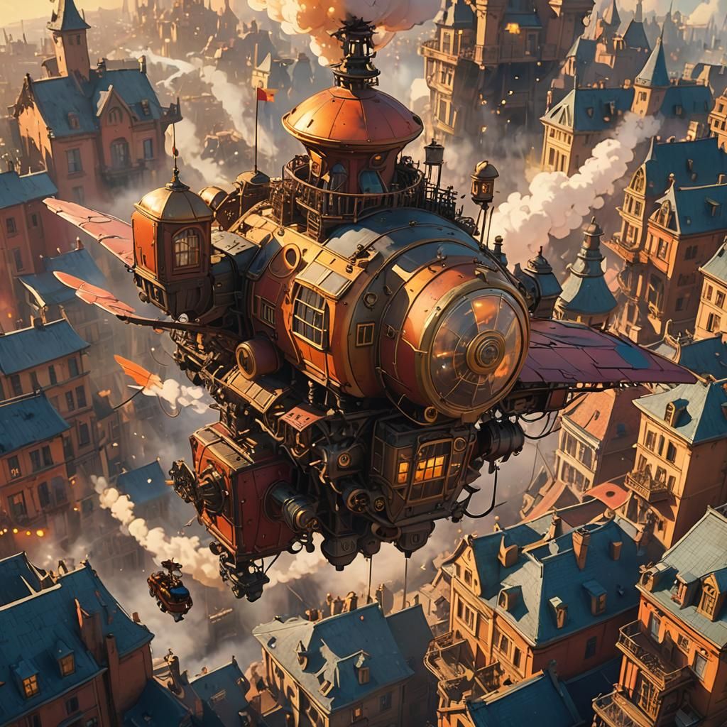 Steampunk Flying Machine Concept Art in Golden Light