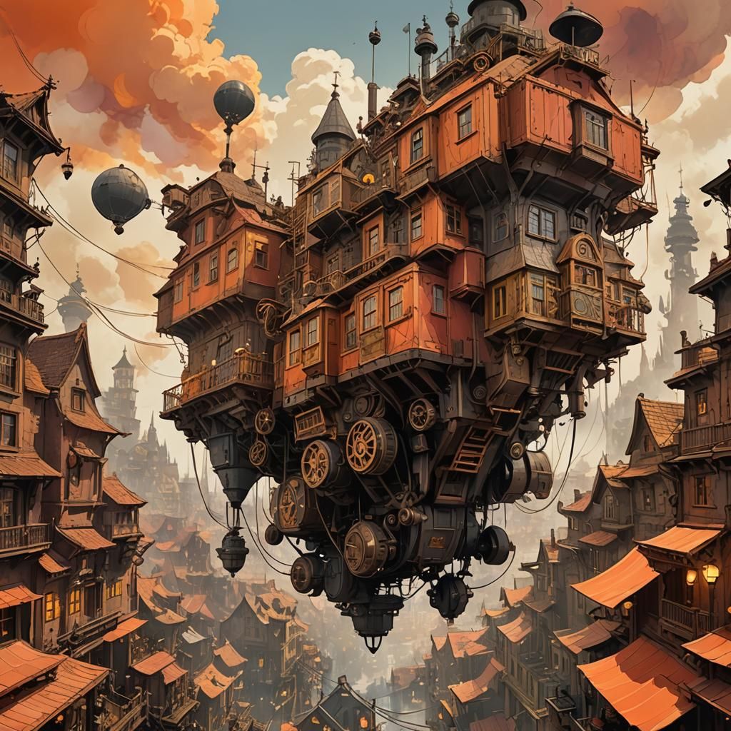 Fantasy Flying Machine over Warm Cityscape