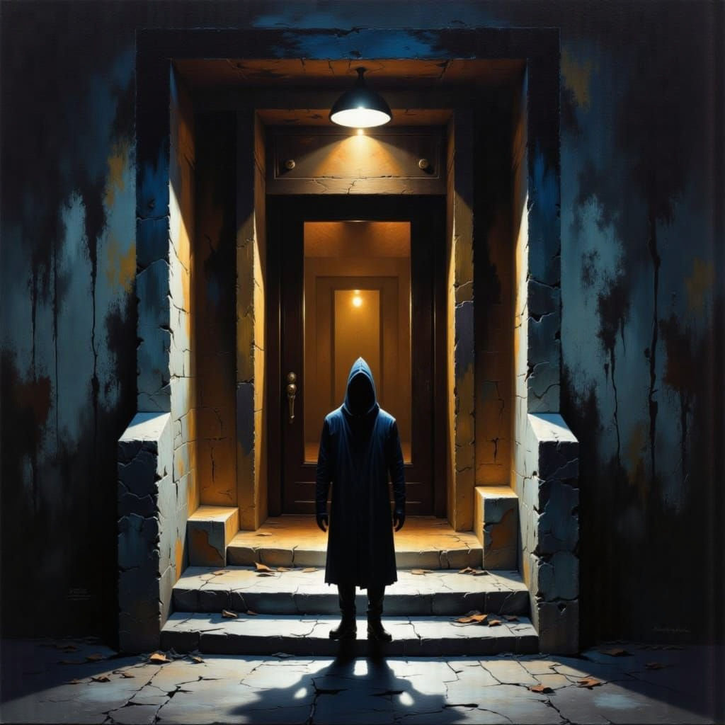 Shadowed Figure at Doorstep in Flickering Light