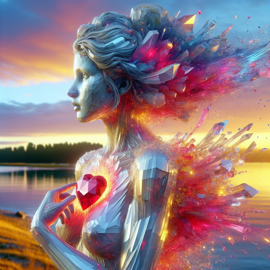 Hyperrealistic Transparent Statue with Ruby Heart