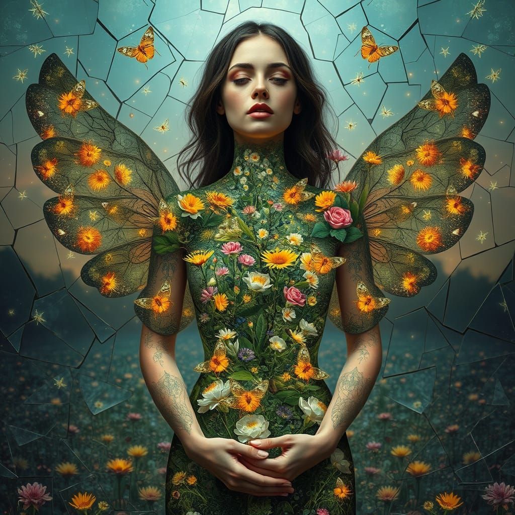 Surreal Eco-Art Goddess with Glowing Fireflies and Shattered...