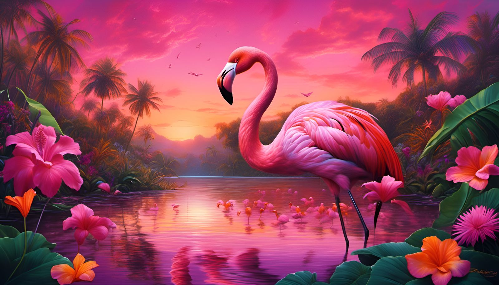 Pink Flamingo in Tropical Graffiti Art Sunset