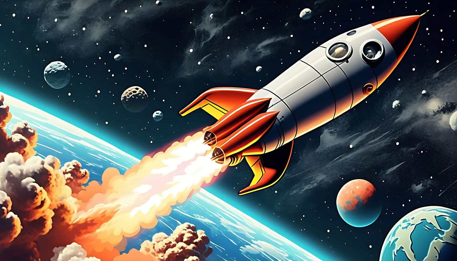 Vintage Comic Book Rocket Ship Soars in Space