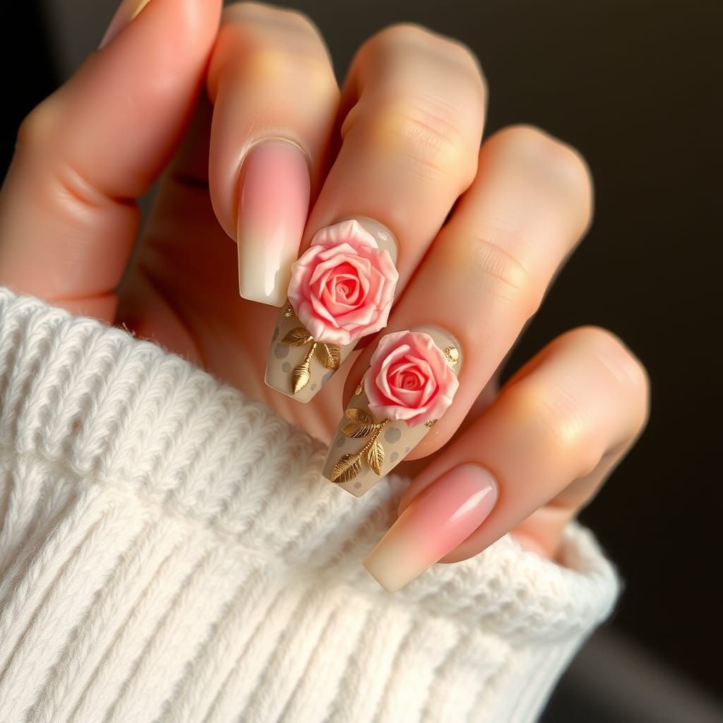 Elegant Ombre Nails with Roses and Gold Accents