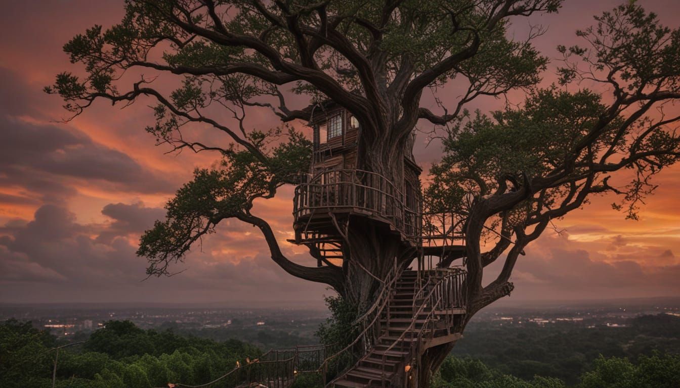 Epic Treetop Megalopolis Amidst Stormy Skies