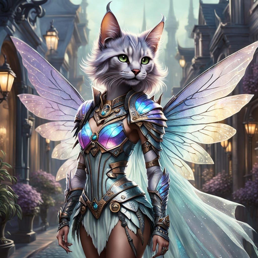 Stylish Tabaxi Fairy with Iridescent Wings in Ethereal Fanta...