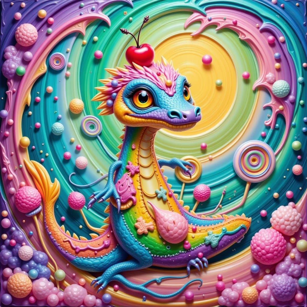 Banana Split Dragon in Surreal Impasto Landscape