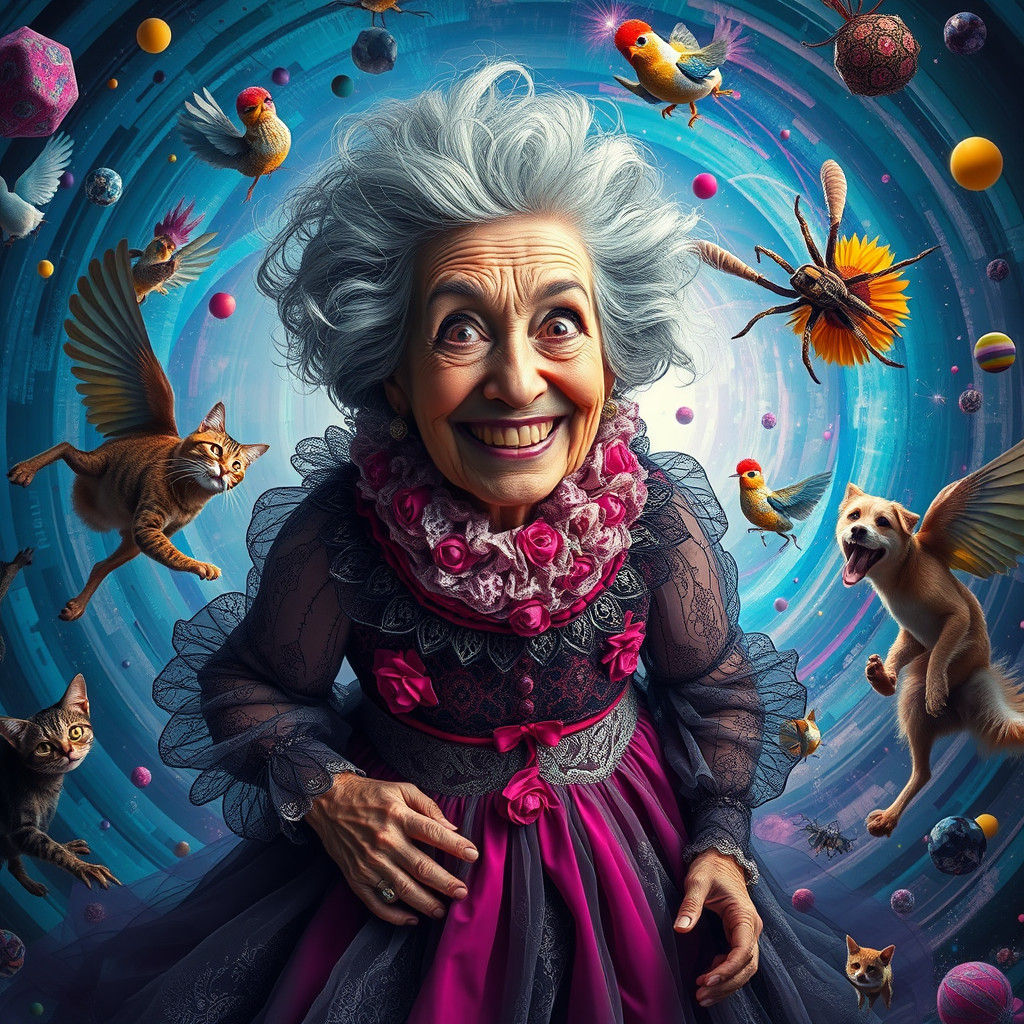 Eccentric Old Lady in a Surreal Dreamscape