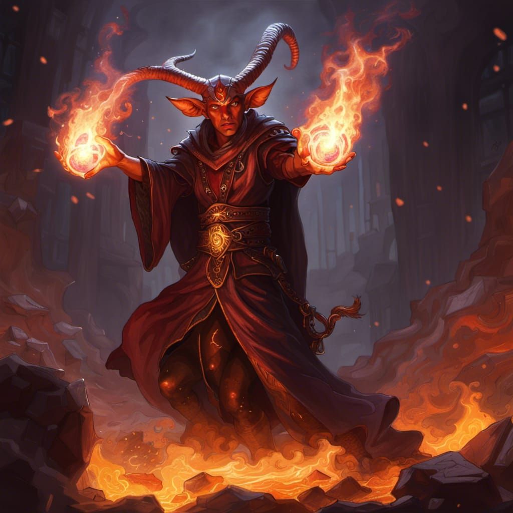 Tiefling Warlock Conjuring Fire Spell in Dark Fantasy Art