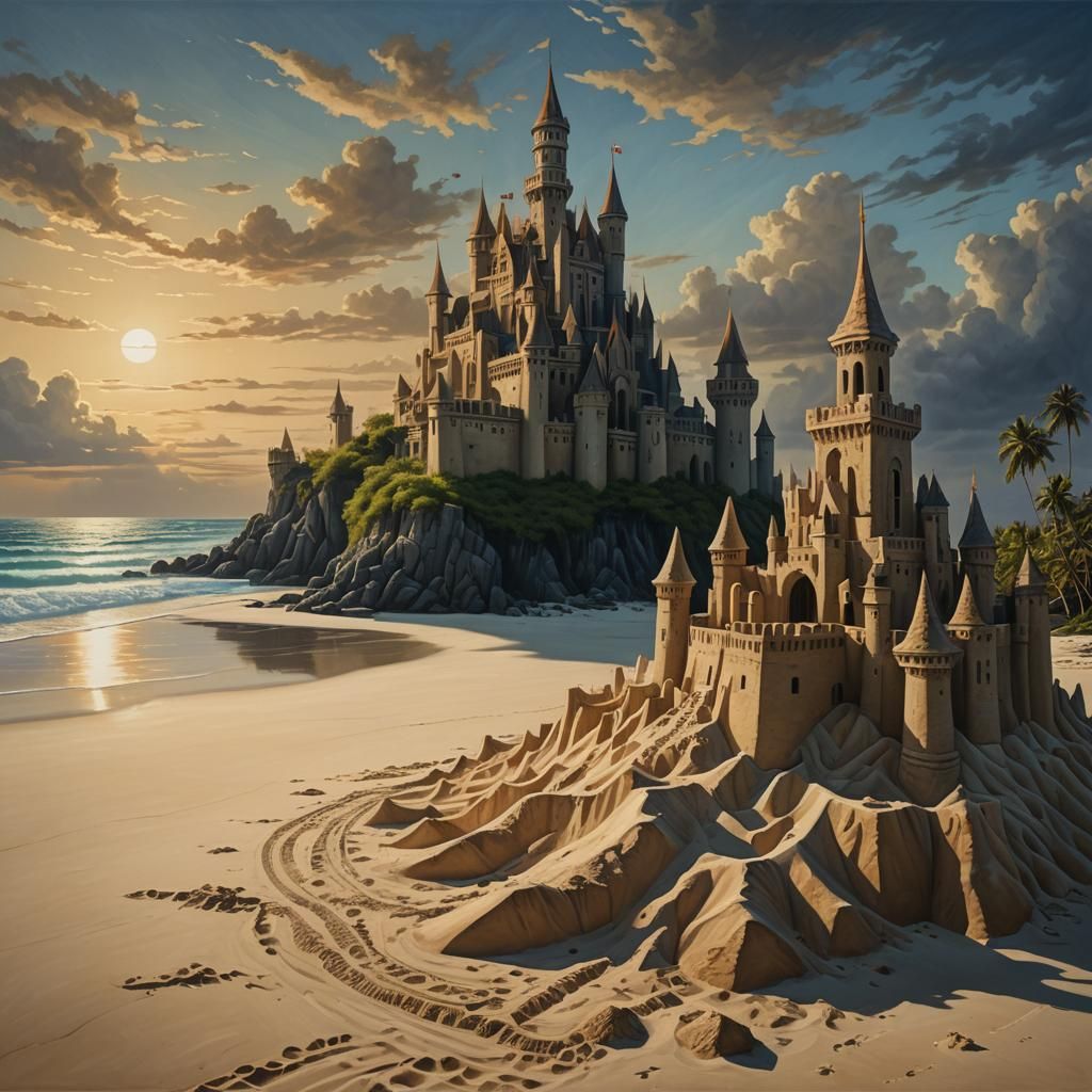 Eerie Surrealist Sandcastle on a Deserted Beach