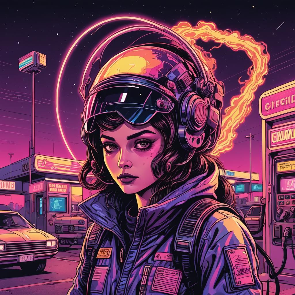 Neon Alien Fills Up at Retro Gas Station