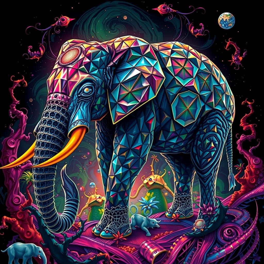 Majestic Elephant Emerges from Radiant Jungle in Mirrored Tr...