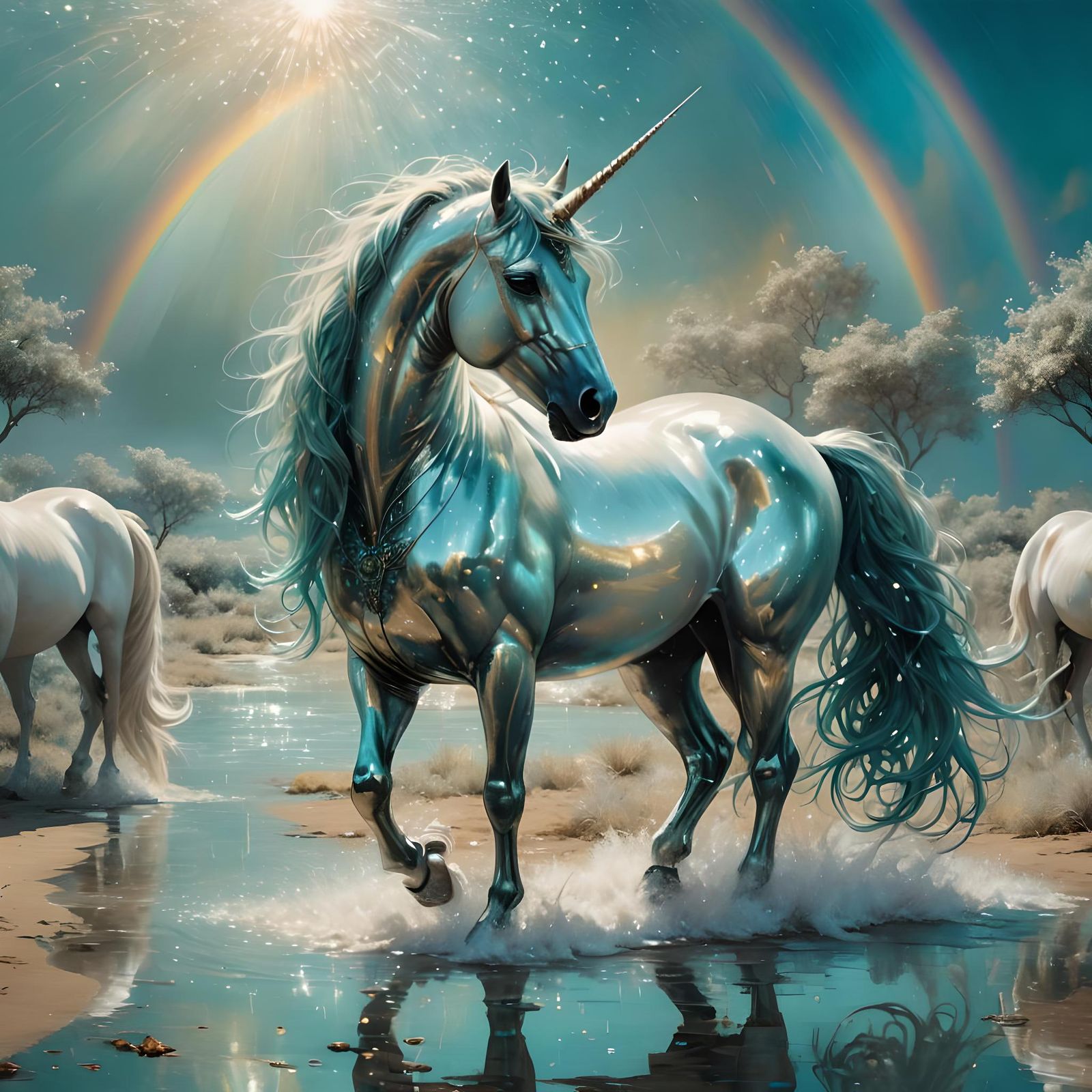 Iridescent Turquoise Unicorn in Fantasy Landscape