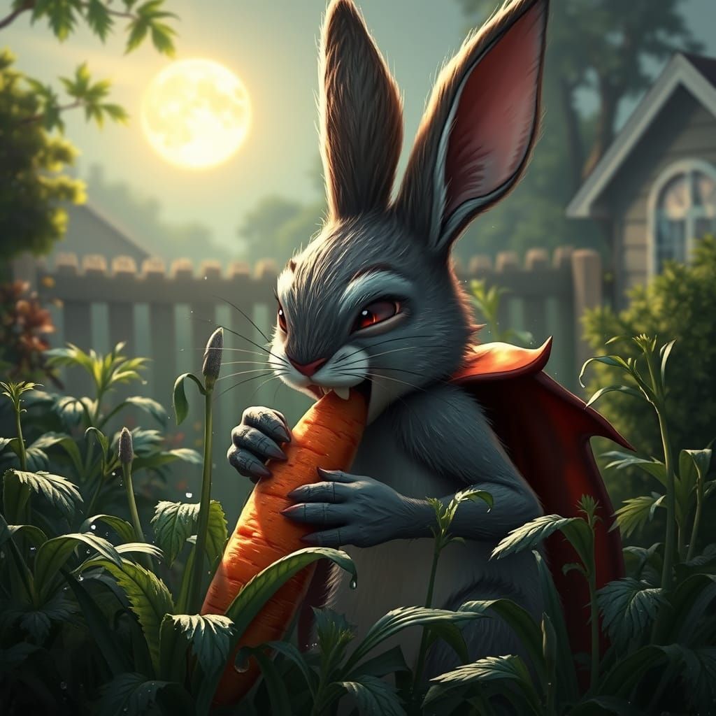 Moonlit Vampire Bunny Amidst Whimsical Garden