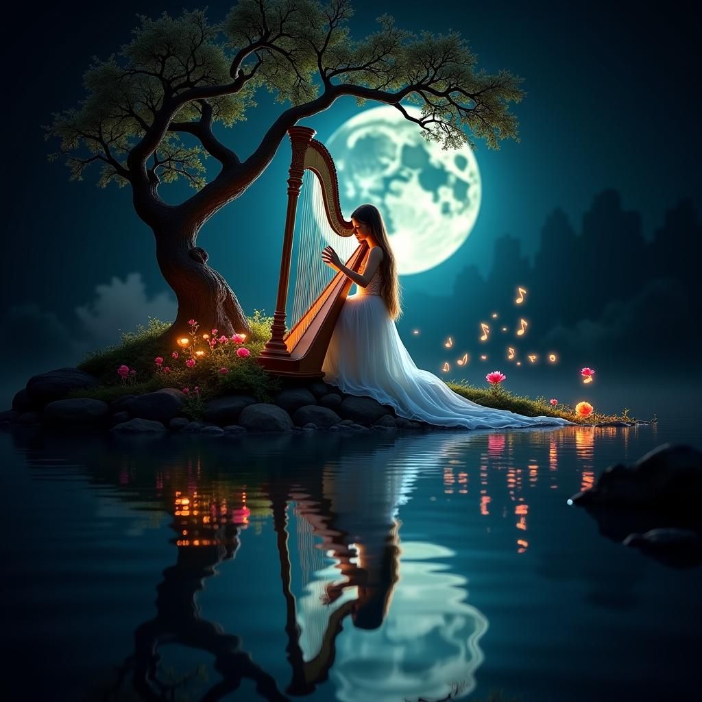 Elven Harpist Under Moonlight in Mystical Setting