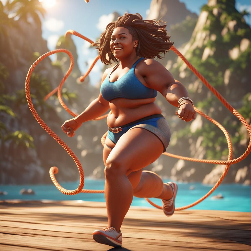 Fat girl in bikini jumping rope.