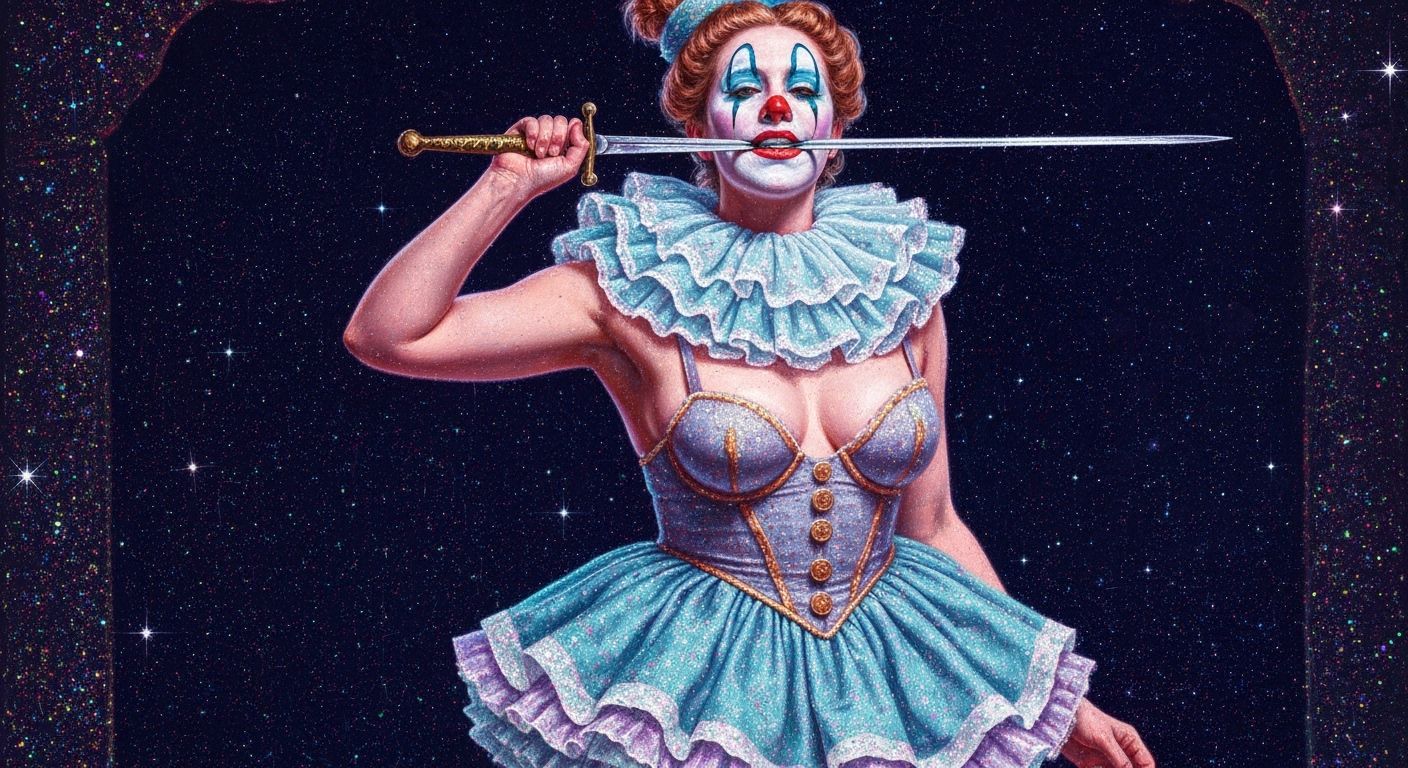 Female Sword Swallower in Clown Costume