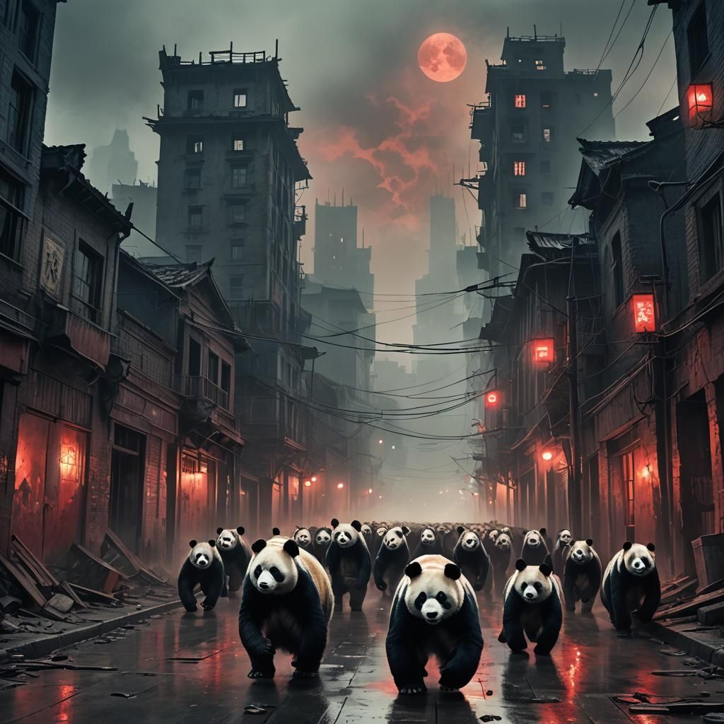 Evil Pandas Marching in Dark Fantasy Cityscape