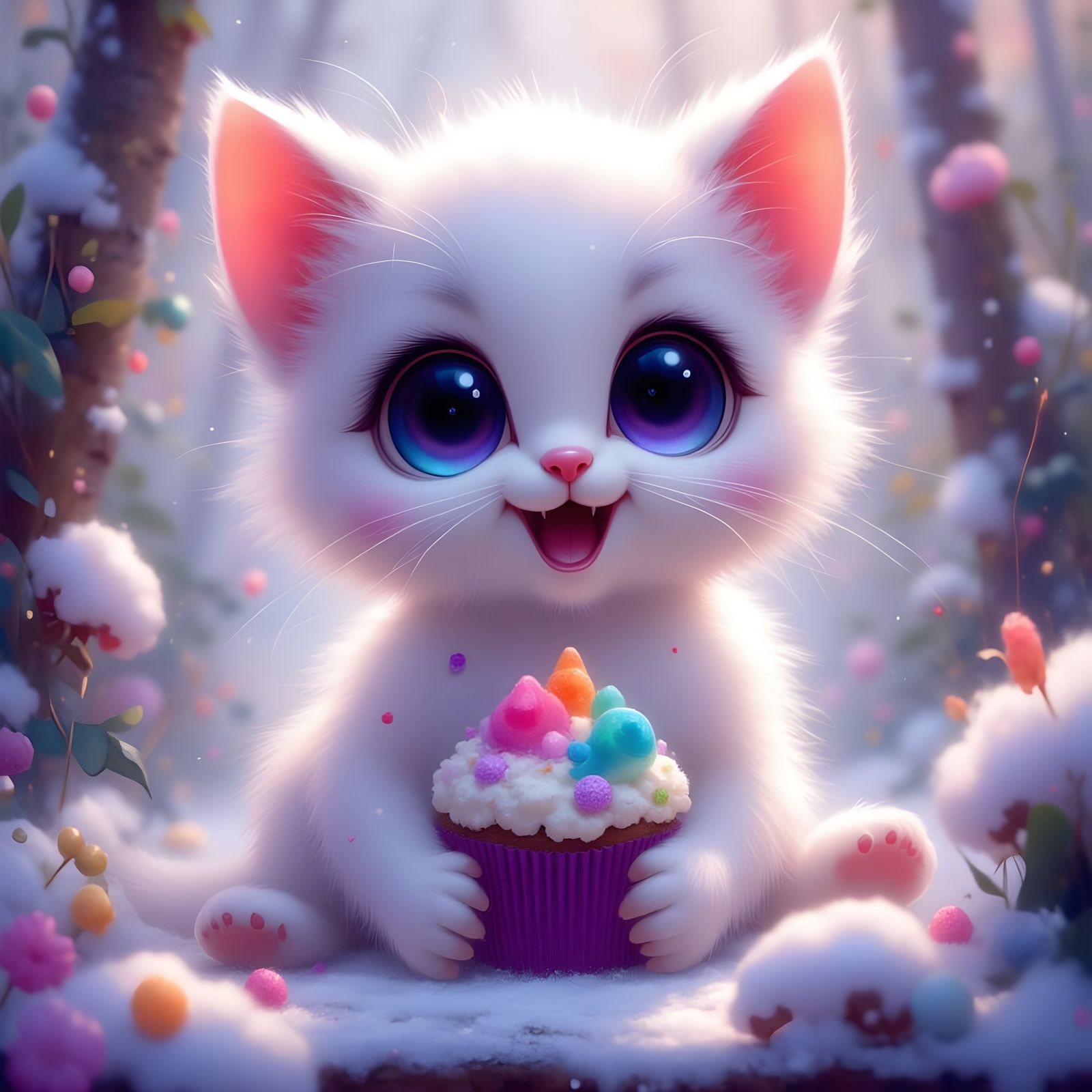 Cute Kitten With Cupcake in Snowy Forest