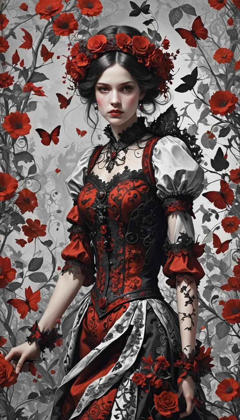 Monochrome and Red Fantasy Portrait of a Young Woman