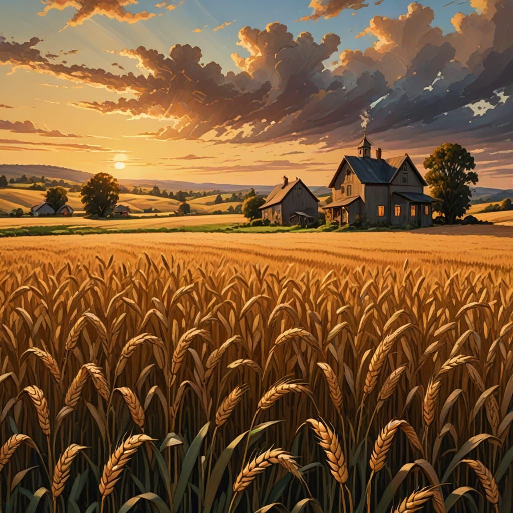 Golden Hour Wheat Field Oil Painting