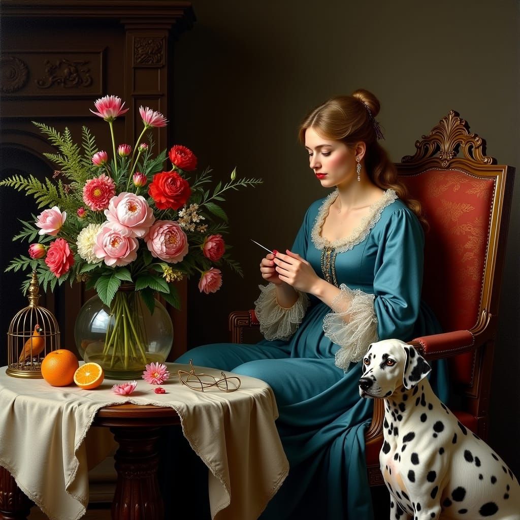 Baroque Knitting Scene with Flowers and Dog
