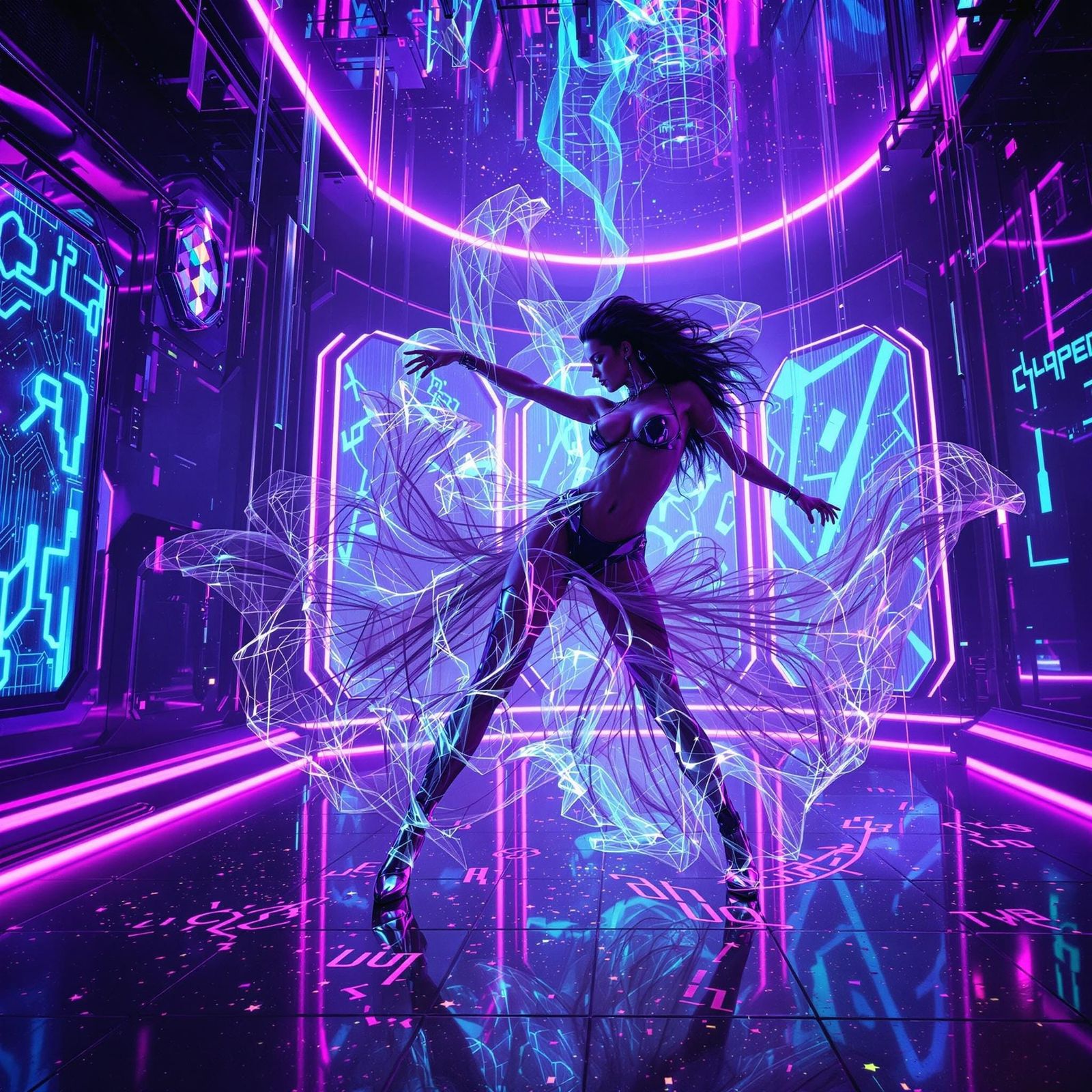 Futuristic Cyberpunk Nightclub Scene with Dancing Woman