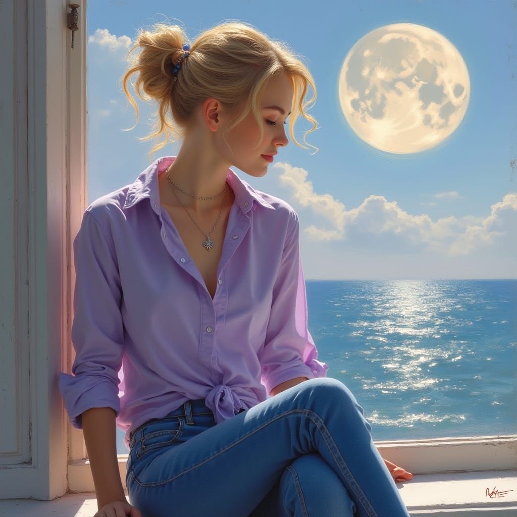 Blonde Woman by Lake, in Impressionist Style