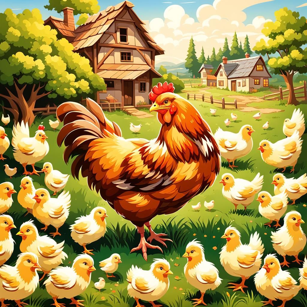 Mother Hen and Chicks in Village Scene