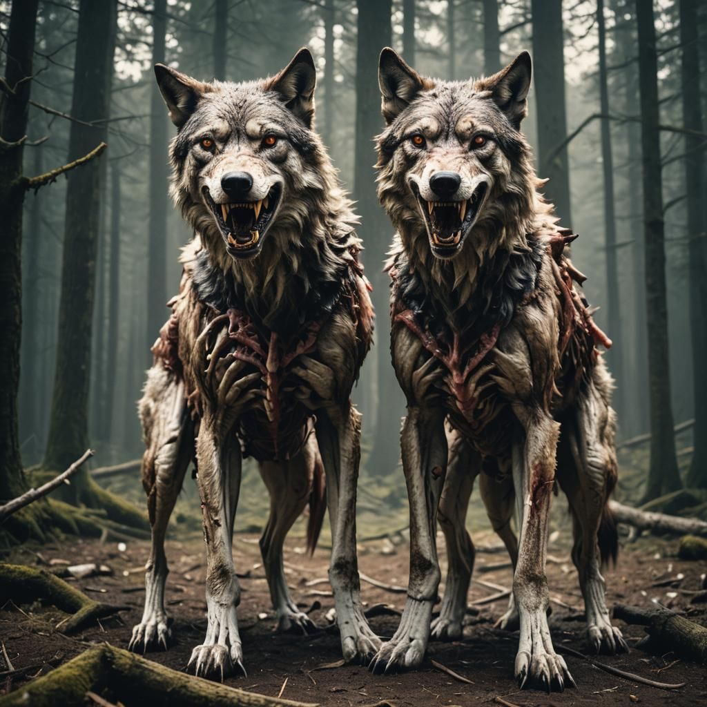 Horror Two-Headed Wolf Made of Meat and Bone