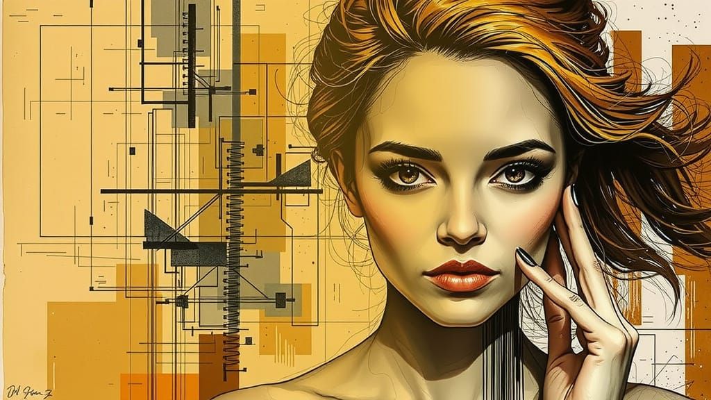 Abstract Ink Portrait of Woman With Geometric Blend