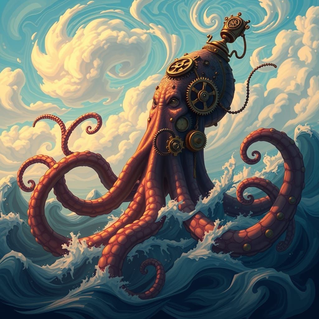 Steampunk Kraken Rises from Kaleidoscopic Ocean