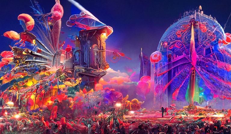 Colorful Amusement Park at Twilight in Hyperrealism