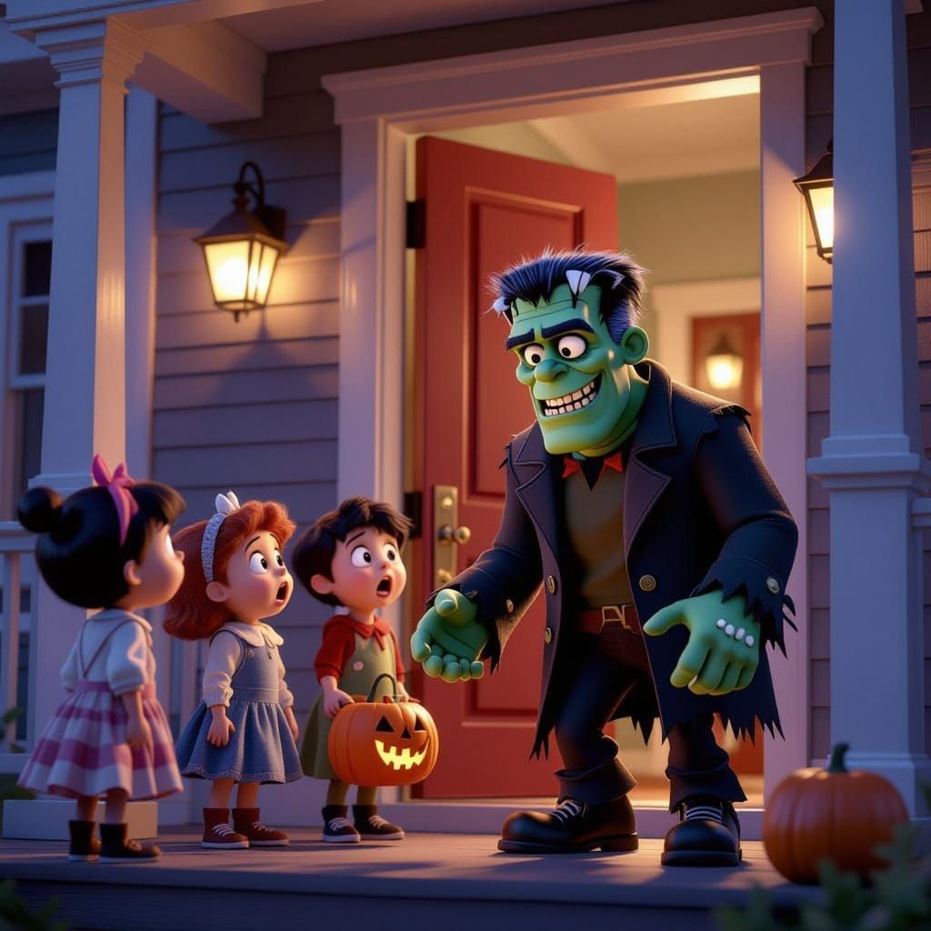 Friendly Frankenstein Greets Shocked Trick-or-Treaters