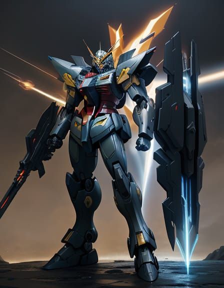 Gundam Mecha Unleashes Power in Epic Dark Fantasy Pose