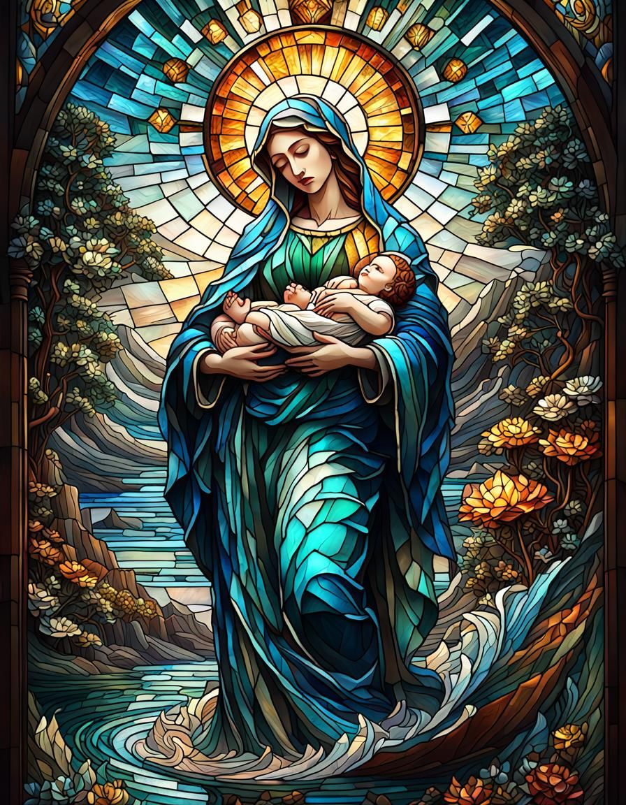 Stained Glass Mosaic of Mother Mary and Jesus