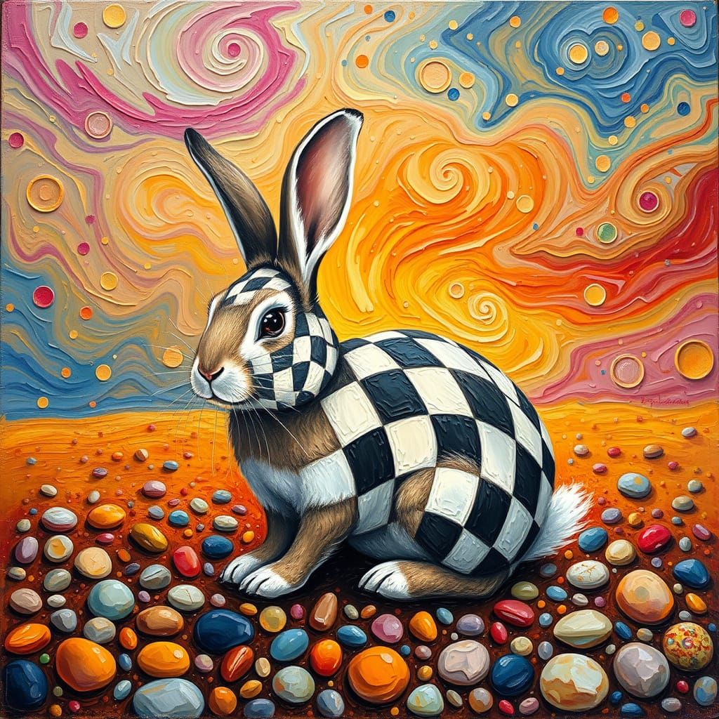Vibrant Neo-Expressionist Rabbit in Whimsical Field Scene