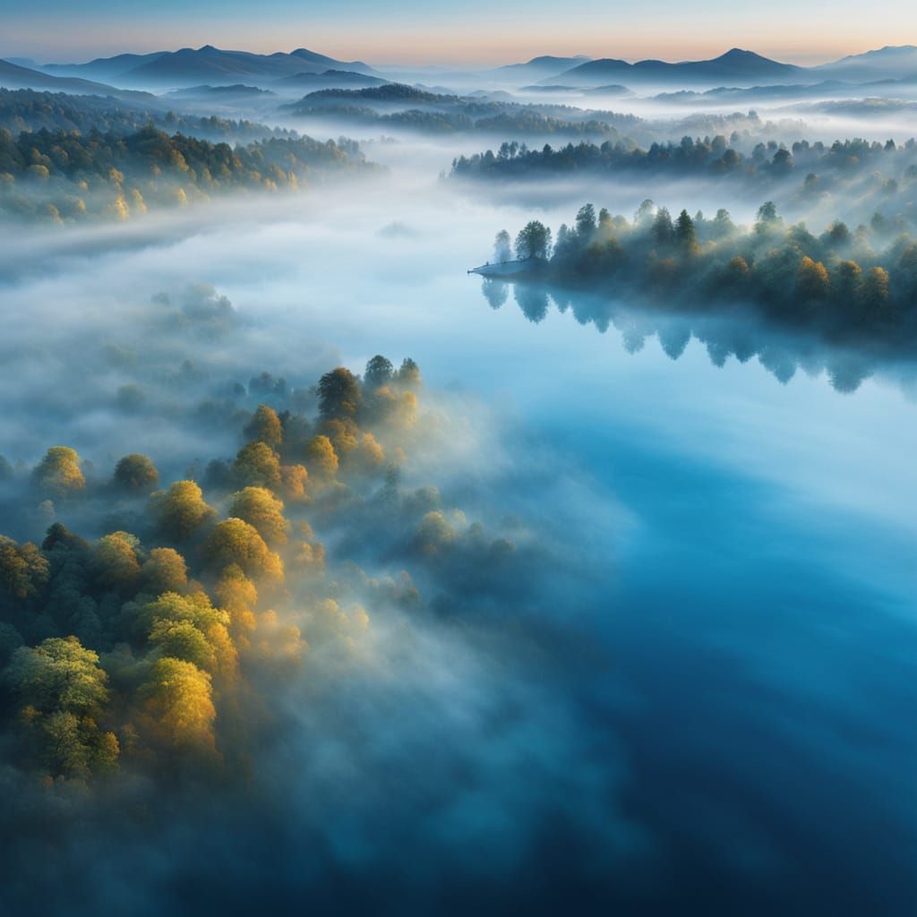 Lake in Morning Mist: Surreal Ethereal Oil Painting
