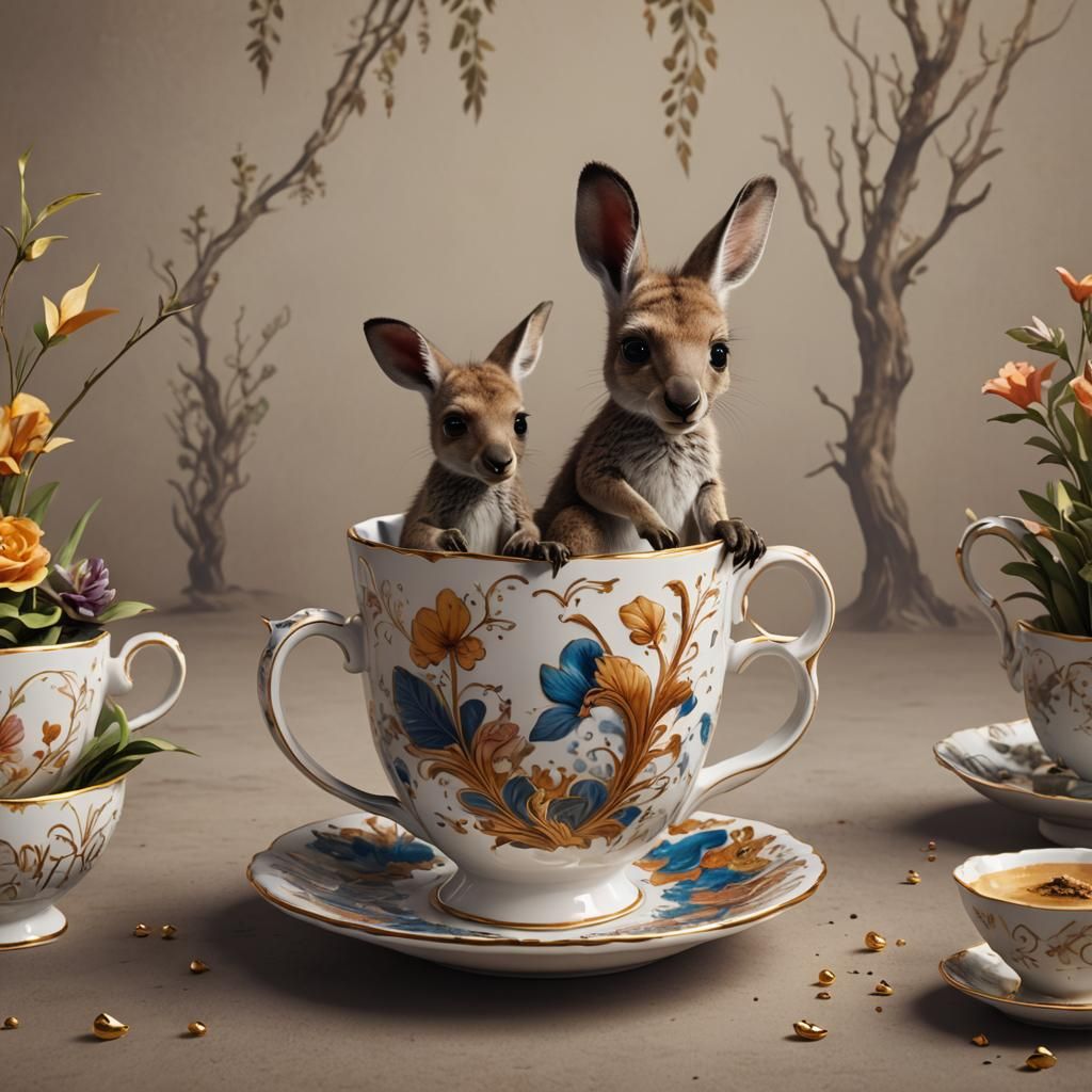 Baby Kangaroo in Teacup: Detailed Matte Painting