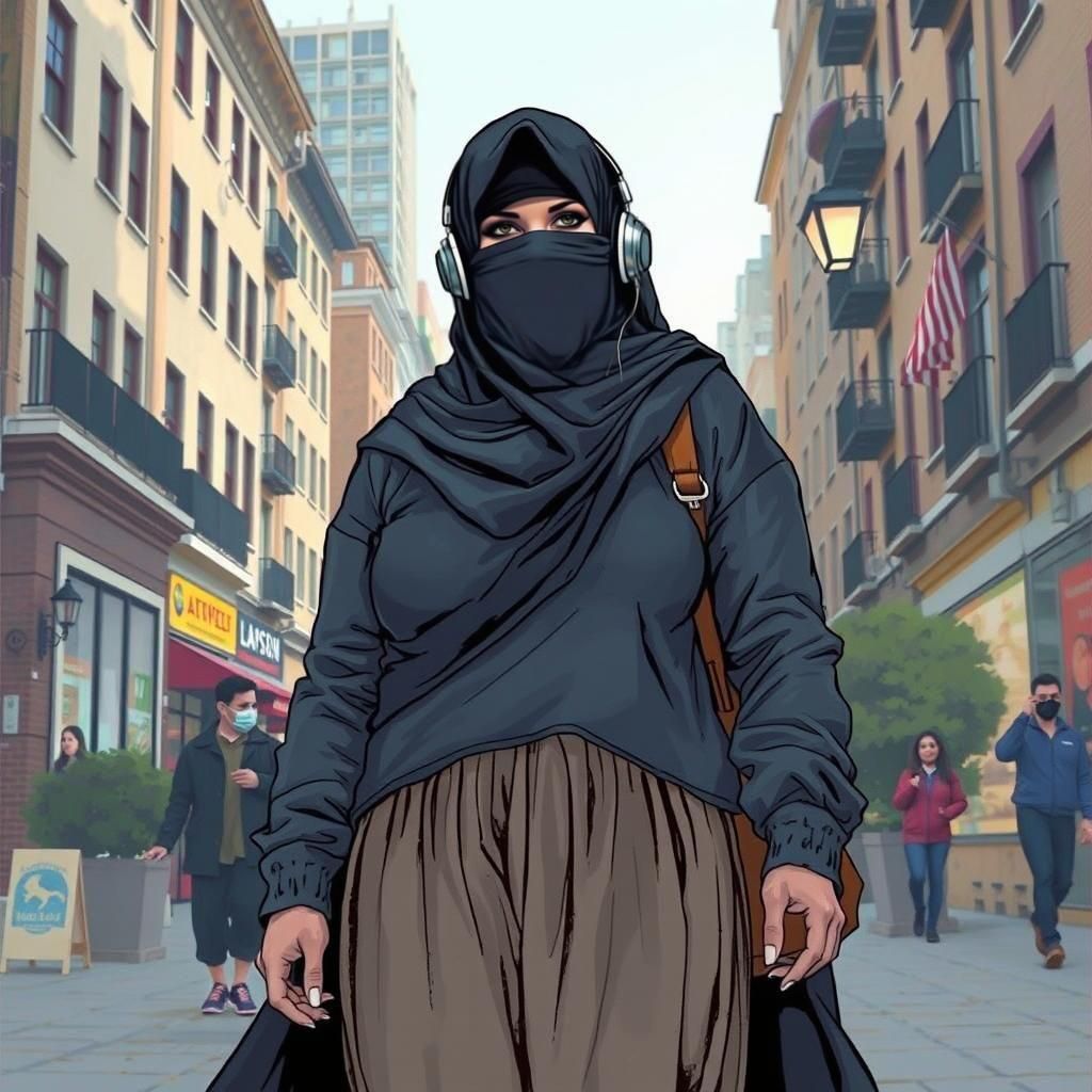 Woman in Niqab Walking in City, Comic Book Style