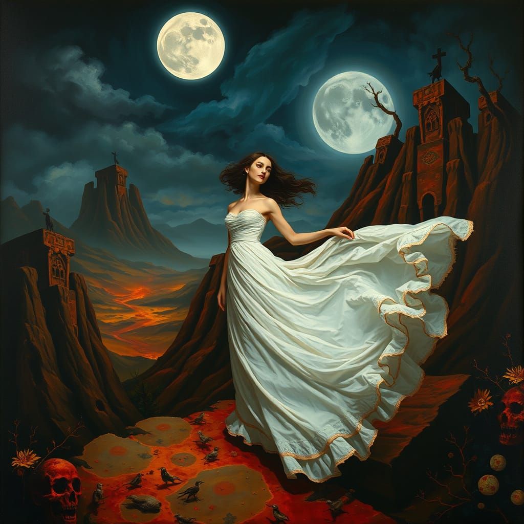 Surreal Woman in Moonlit Dreamscape, Baroque Style