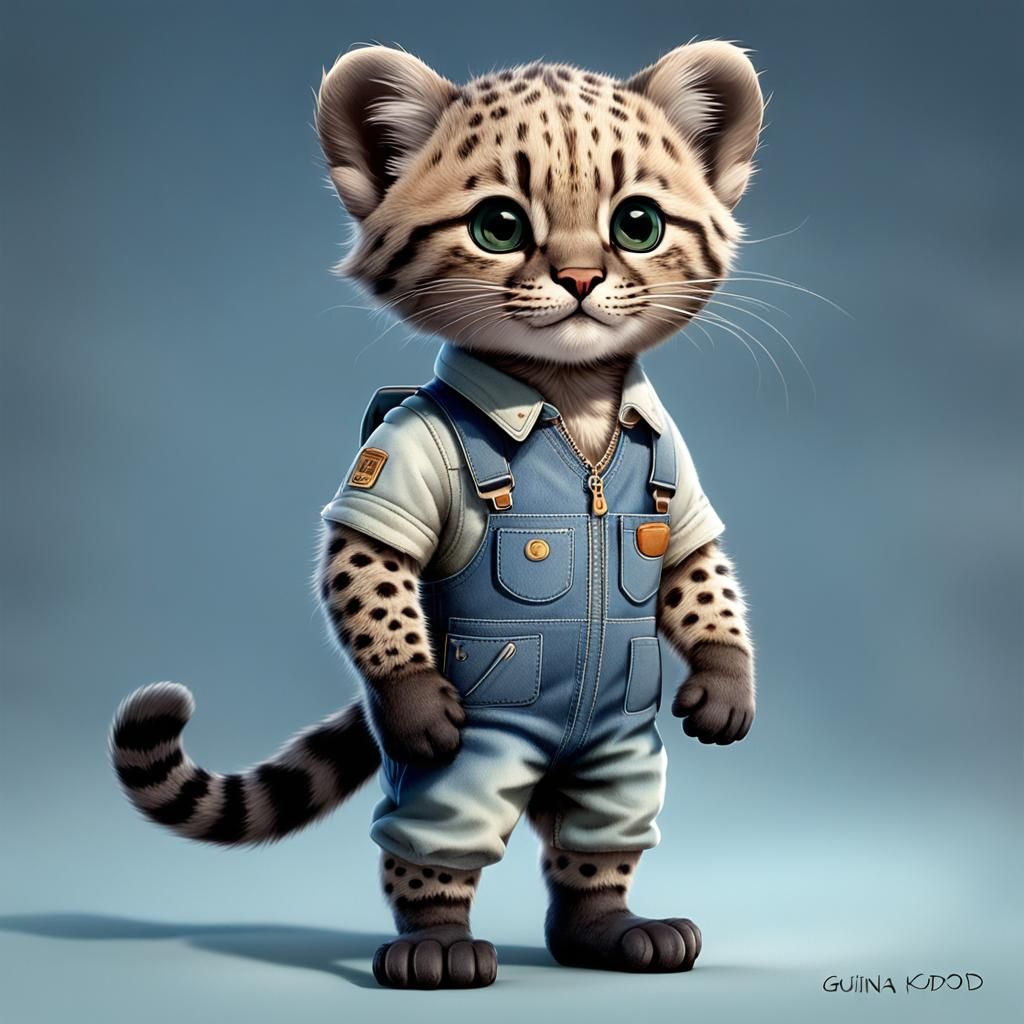 Anthropomorphic Kodkod Cub in Overalls