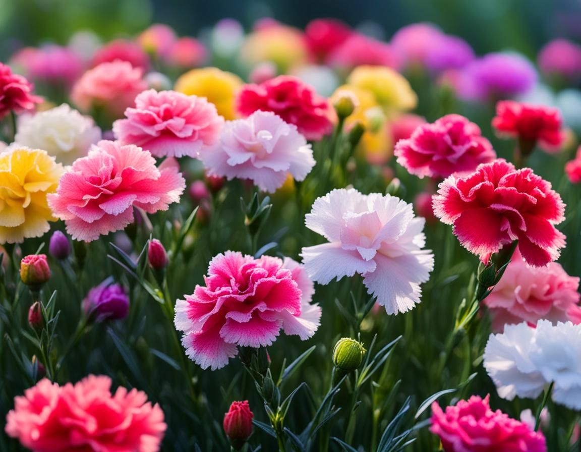 Carnation Plants with Flowers and Morning Dew
