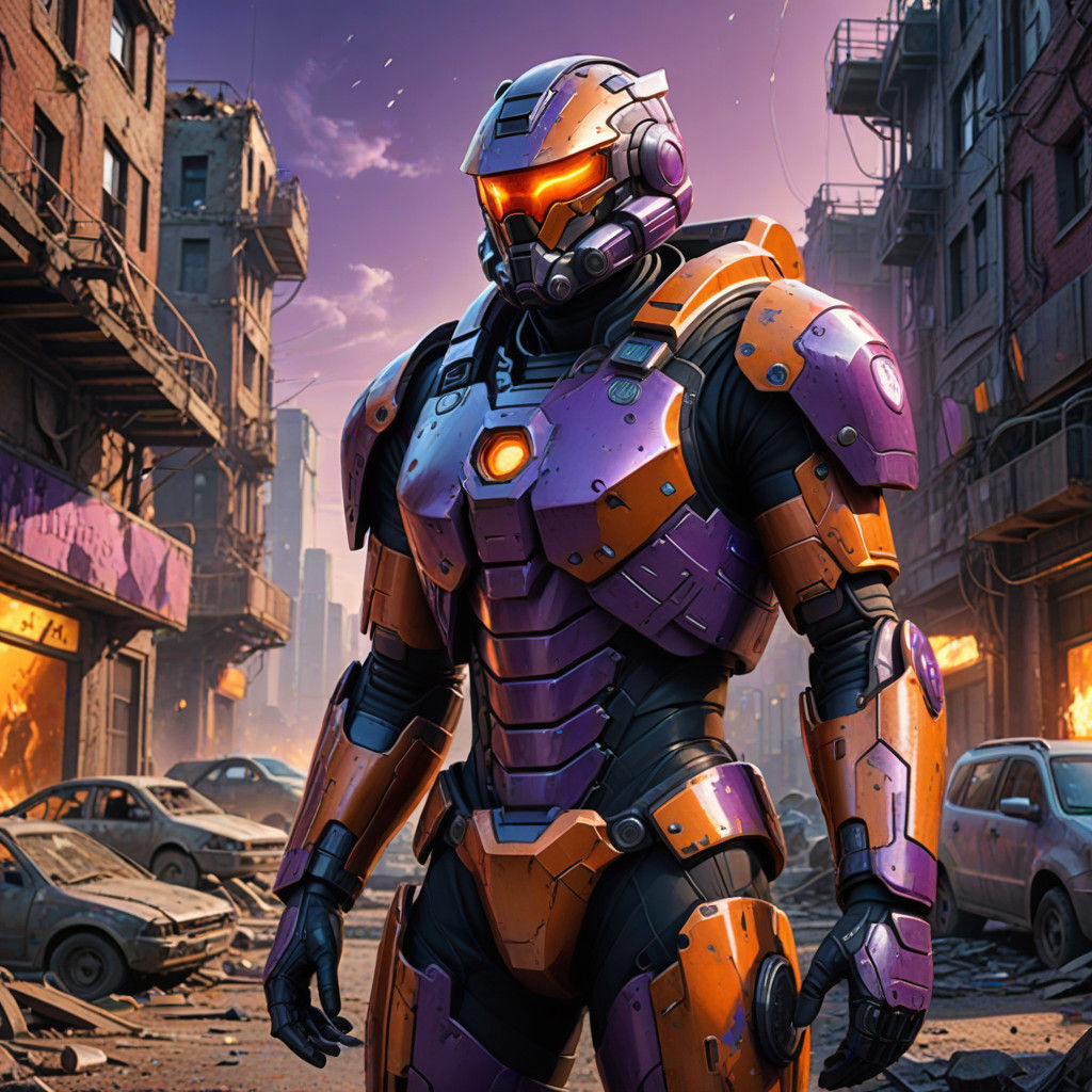 Futuristic Soldier in Ruined City, Concept Art Style