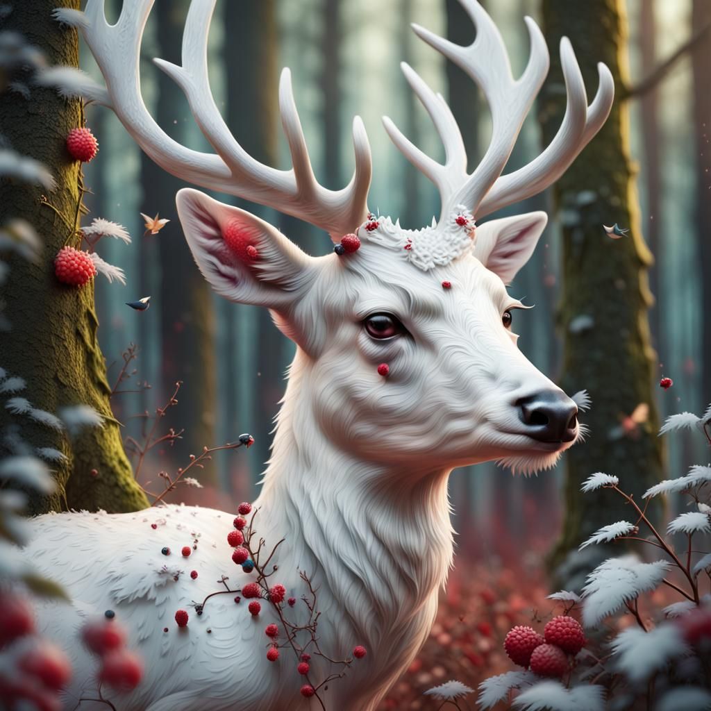 White Deer Portrait in Scandinavian Forest, 3D Render