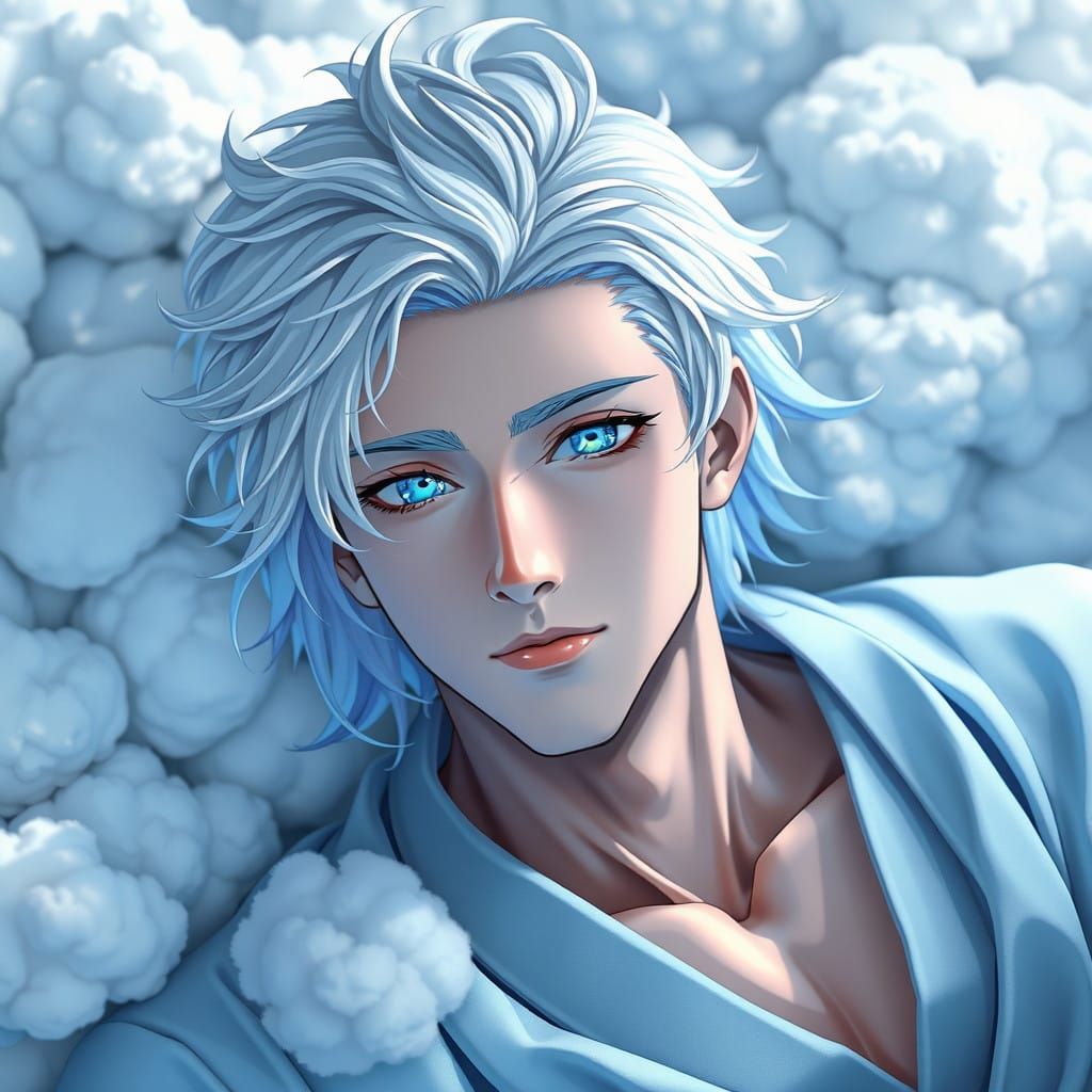 Ethereal Anime Prince Sits Serenely on Clouds in Vibrant Blu...
