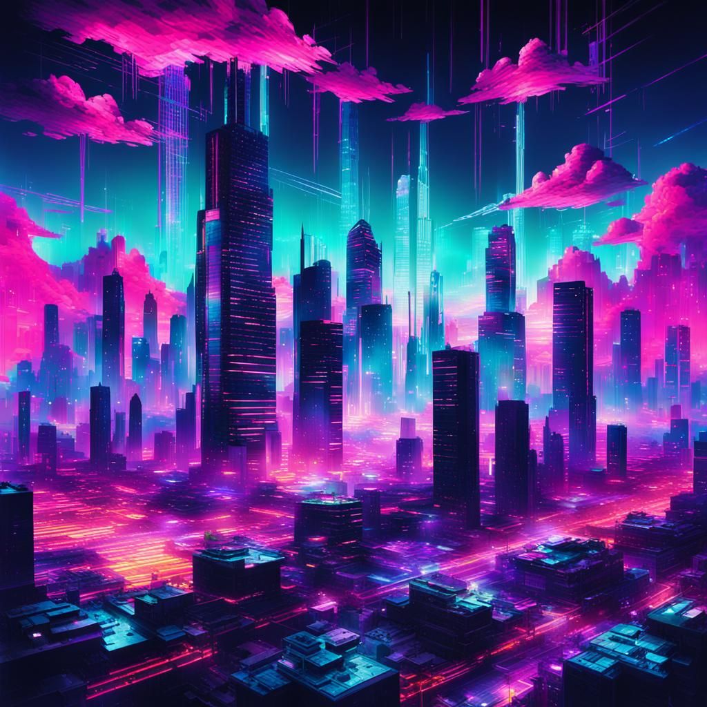 Glitched Futuristic Cityscape in Synthwave Neon Style