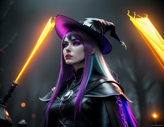 Chrome-Haired Witch in Vivid Mist: Digital Art