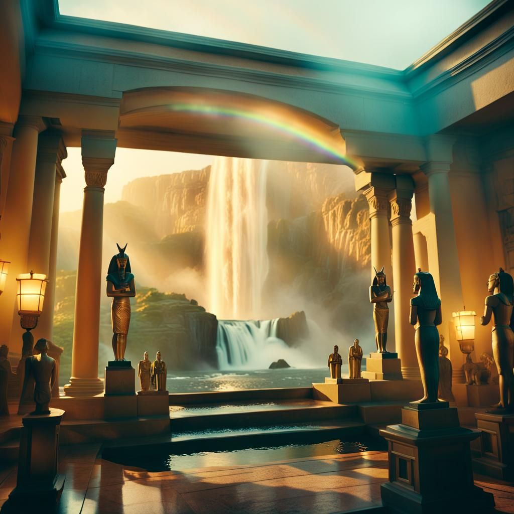 Victorian Living Room with Egyptian Statues and Waterfall